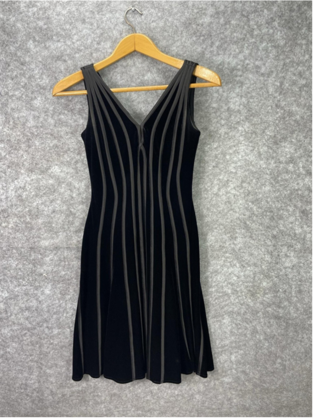 Tadashi Dress Womens Petite PS Black Velvet Stripe Fit Flare V-Neck Knee